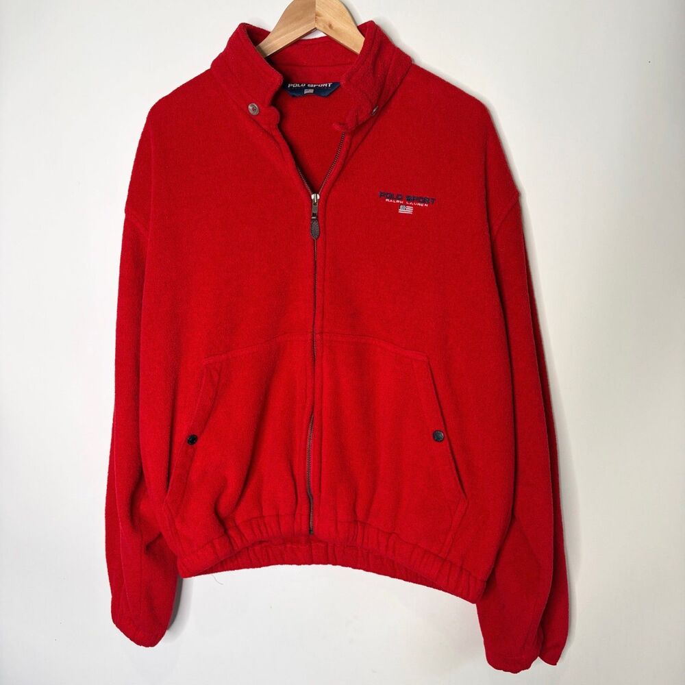 Vintage Polo Sport Ralph Lauren Fleece Jacket Zip Up Red Pockets Adult XL